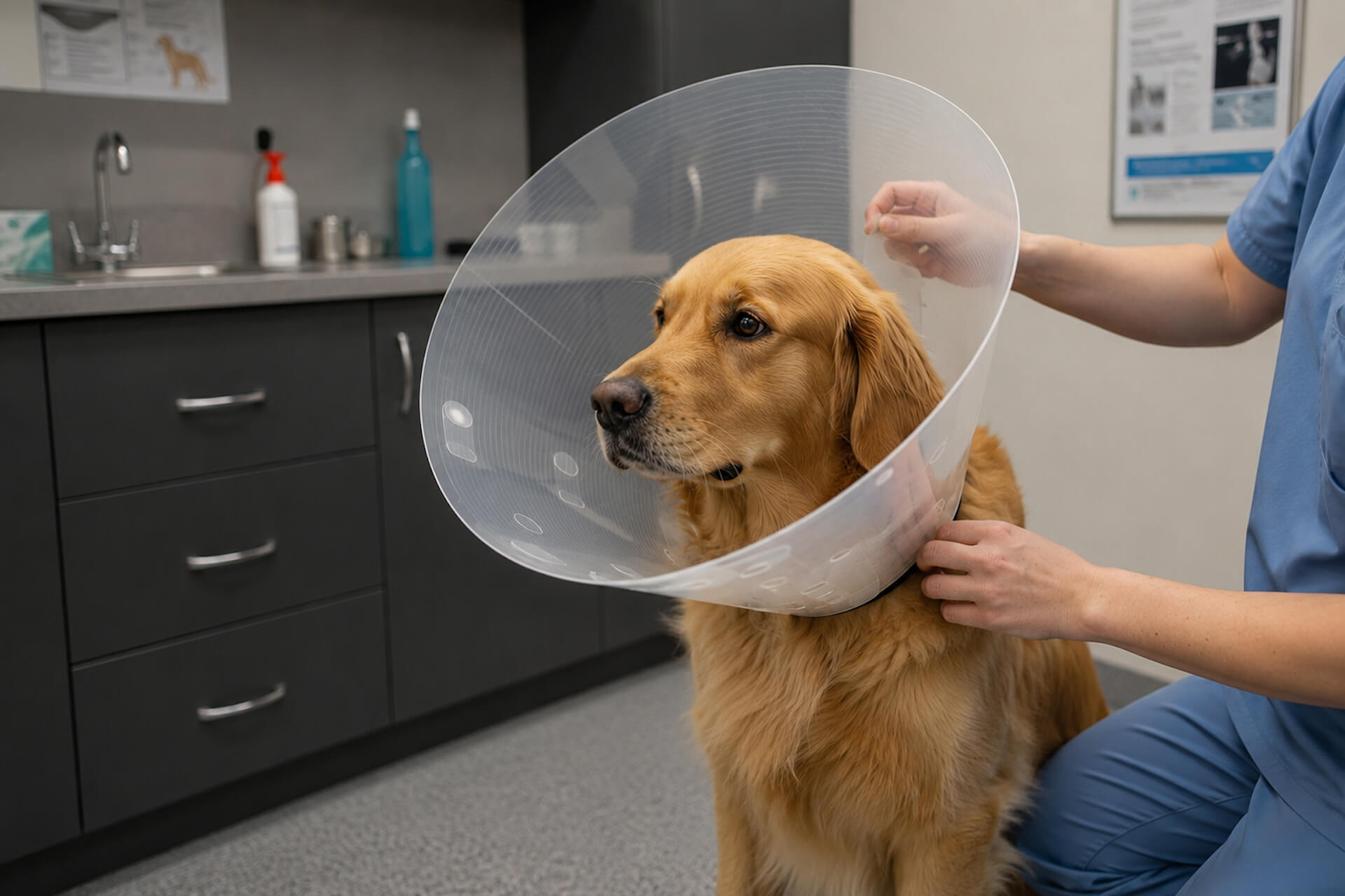A golden retriever wearing a large clear recovery cone sits calmly in a modern veterinary exam room while a veterinary professional in blue scrubs gently adjusts the cone