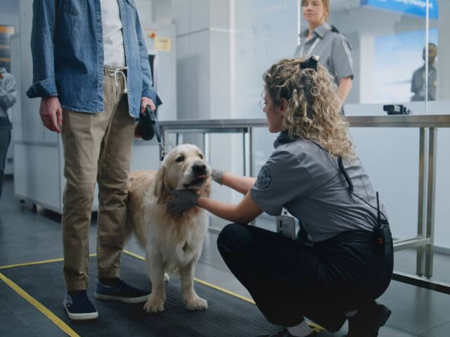 International pet travel &mdash; dog travelling with pet owner through airport security.